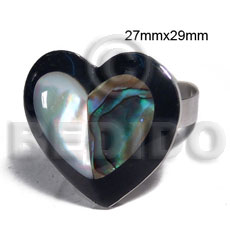 big accent haute hippie ring /adjustable metal/ 27mmx29mm heart  embossed and laminated paua abalone and hammershell combination  black resin edges - Rings