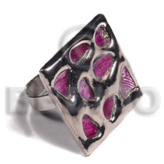 glistening fuschia pink abalone /  square 25mmx25mm / adjustable ring/  molten silver metal series / electroplated - Rings