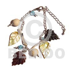 dangling MOP/black tab/black lip leaf & acrylic crystals on on metal chain and wax cord - Shell Bracelets