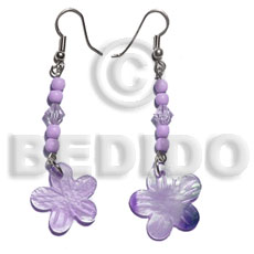 dangling 20mm lilac hammershell flower  bone beads/acrylic crystals - Shell Earrings