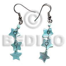 dangling 10mm aqua blue triple star hammershell - Shell Earrings