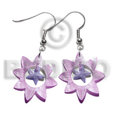 dangling 40mm pastel pink sun hammershell  15mm lilac hammershell star - Shell Earrings