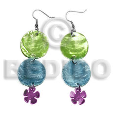 dangling double round 25mm gree/blue capiz shell  15mm capiz lavender flower - Shell Earrings