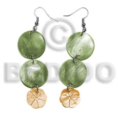 dangling double round 20mm olive green hammershell  12mm orange hammershell flower - Shell Earrings