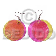 dangling double yellopink combination capiz round 35mm - Shell Earrings