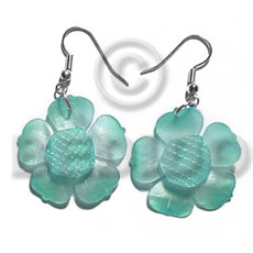 dangling graduated aqua blue 30mm hammershell  flower  grooved nectar - Shell Earrings