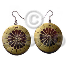 hand made Dangling 35mm round handpainted embossed blacktab Shell Earrings