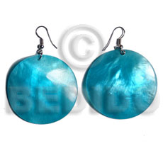 hand made Dangling 30mm aqua blue round Shell Earrings