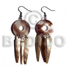 dangling 25mm ring hammershell  skin and 40mmx8mm brownlip sticks - Shell Earrings