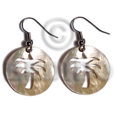 dangling 25mm round MOP  carved tree design - Shell Earrings