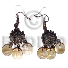 dangling 3 pcs. 12mm round MOP in  antique oxidize metal - Shell Earrings