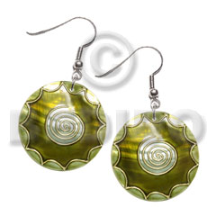 dangling 35mm round kabibe shell, handpainted, embellished  embossed metallic gold line accent - Shell Earrings