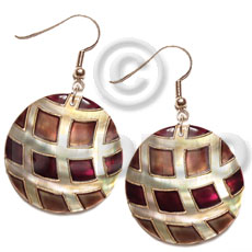 dangling 35mm round kabibe shell, handpainted, embellished  embossed metallic gold line accent - Shell Earrings