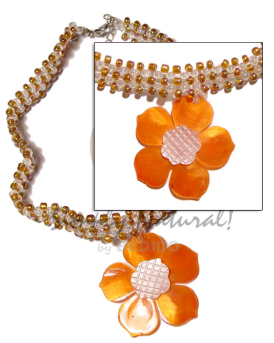 clear & brown glass beads flat choker  matching 40mm orange flower hammershell  groove pendant - Shell Necklace