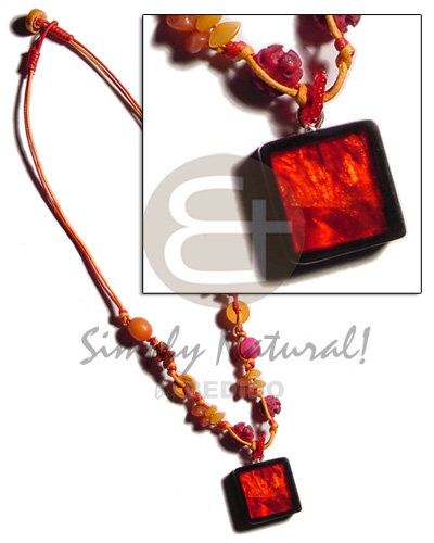 buri seeds in double wax cord  square inlaid capiz pendant laminated in resin - Shell Necklace