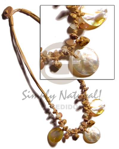 buri seeds quadruple wax cord  three 15mm MOP round pendant - Shell Necklace