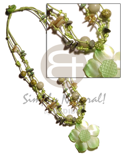 3 layer knotted lime wax cord  buri & shells  accent and graduated 45mm lime green hammershell flower  groove pendant - Shell Necklace