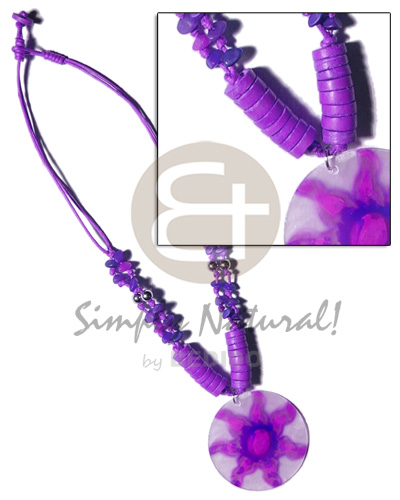 2 layer knotted lilac cord  buri & coco pokalet accent  and 40mm  handpainted round capiz pendant - Shell Necklace