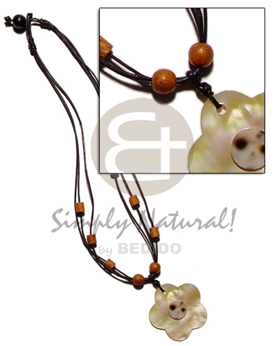 3 layer wax cord  palmwood accent and 45mm MOP flower  cowrie shell  nectar - Shell Necklace