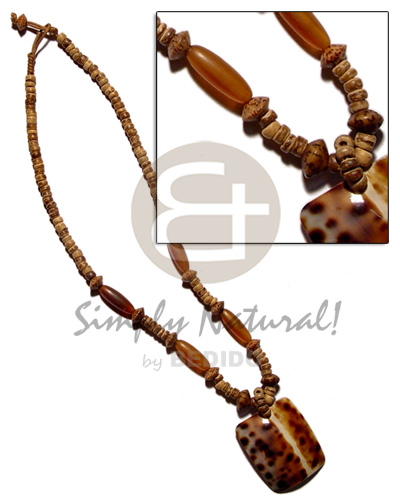 rectangular 45mmx35mm cowrie tiger pendant in 4-5mm coco Pokalet.  horn & palmwood beads accent - Shell Necklace