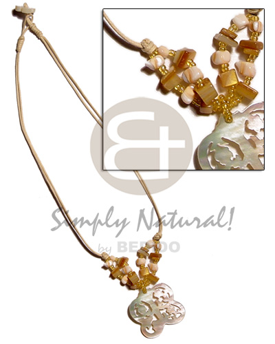 40mm carved butterfly MOP in double wax cord  mosaic & goldlip beads accent - Shell Necklace