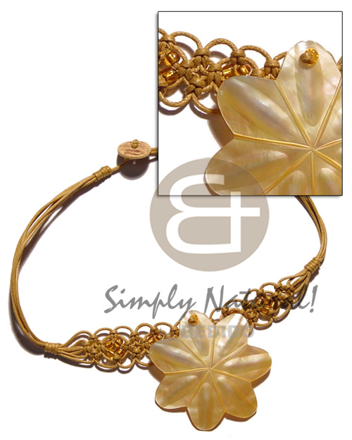 golden yellow wax cord macrame choker  40mm MOP flower - Shell Necklace