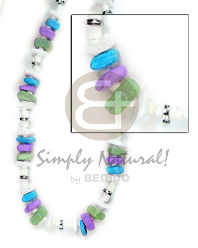 white rose, white clam heishe  aqua blue/subdued green/ lilac coco sq. cut combination - Shell Necklace