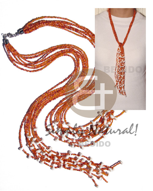 scarf necklace - 7 rows orange glass beads  tassled white mongo shells / 36 in. - Shell Necklace