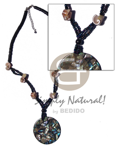 4-5mm coco heishe black/glass beads/everlasting luhuanus combination  40mround  paua cracking  backing - Shell Necklace