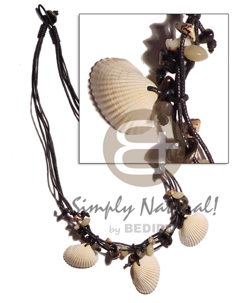 3 layers black wax cord  buri seed accent and limpet shell pendants - Shell Necklace