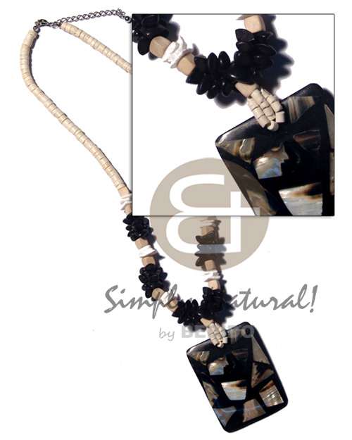 4-5mm coco heishe   white rose /black buri nuggets / wood cube combination and 40mmx50mm green shell chips in black resin pendant - Shell Necklace