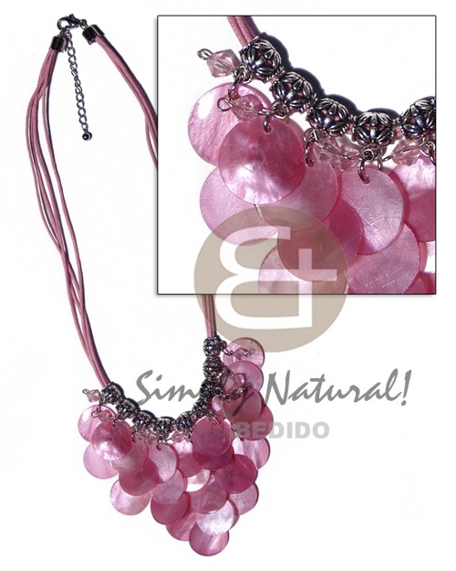 cleopatra- dangling 18mm ( 25pcs.) pink hammershell  metal & acrylic crystals accentaccent in triple pink  wax cord - Shell Necklace