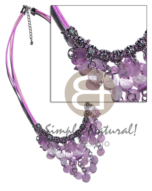cleopatra- dangling 10mm ( 36pcs.) lilac hammershell  metal & acrylic crystals accentaccent in triple pink/lavender  wax cord - Shell Necklace