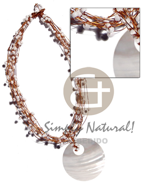 13 rows copper wire choker  white glass beads & 60mm round kabibe shell pendant - Shell Necklace