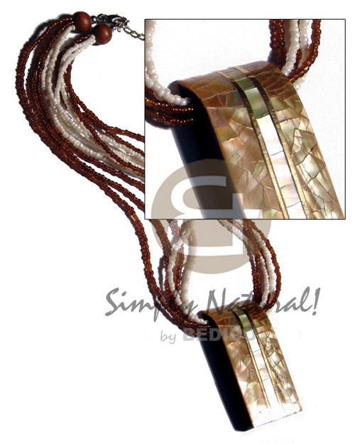 5 layers brown/ beige glass beads  52mmx25mm cracking laminated brownlip/MOP shell  inlaid metal and resin backing pendant - Shell Necklace