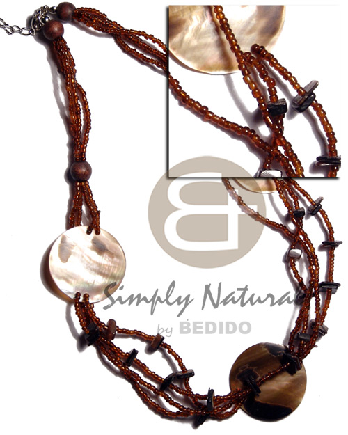 3 pcs. 30mm round tiger brownlip shells in 4 layers glass beads   blacktab chips accent - Shell Necklace