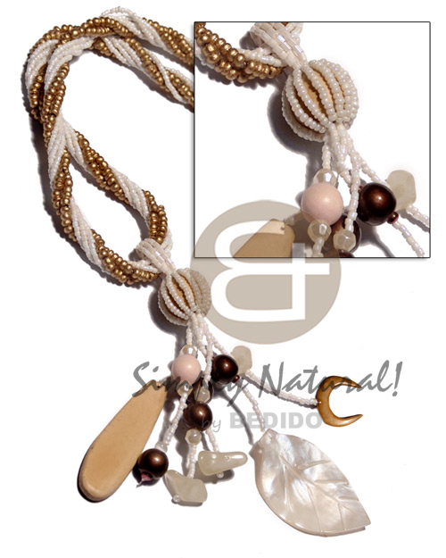 5 layers twisted 2-3mm coco Pokalet in metallic gold, rainbow white glass beads, amber glass beads  tassled wood beads. wood 50mmx15mm surfboard and hammershell 50mmx30mm leaf / 16 in. plus 2.5in. tassles - Shell Necklace