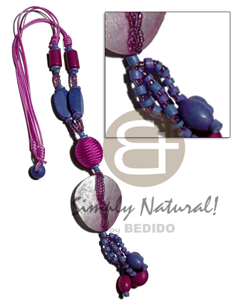 tassled 2 layers satin cord  glass and wood beads, 7-8mm coco Pokalet, 2-3mm coco heishe, oval 25mmx20mm wrapped wood beads & 45mm round laminated capiz / dark magenta and medium blue tones / 22in. plus 2in tassles - Shell Necklace