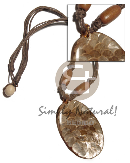 5 layers wax cord  bayong wood beads and  65mmx45mm laminated in resin capiz circles in oval pendant / brown tones / 18in - Shell Necklace