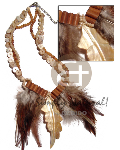 3 layers horn beads and floating shell heishe  feather on bamboo tube and 80mmx35mm MOP leaf pendant / 16in - Shell Necklace