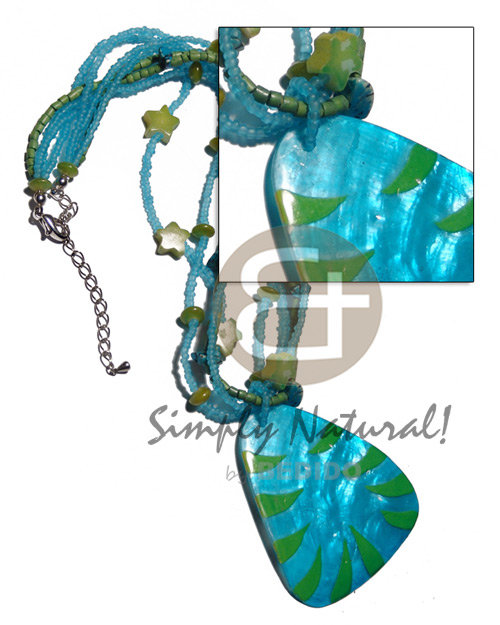 4 layers matte plastic beads, 2-3mm coco heishe combination   60mmx50mm handpainted & laminated capiz pendant /aqua  and chartreuse combination / 16in. - Shell Necklace