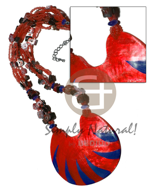 5 layers  glass beads  floating hammershell sq. cut and 75mmx65mm laminated capiz / red and dark blue combination / 16 in. - Shell Necklace