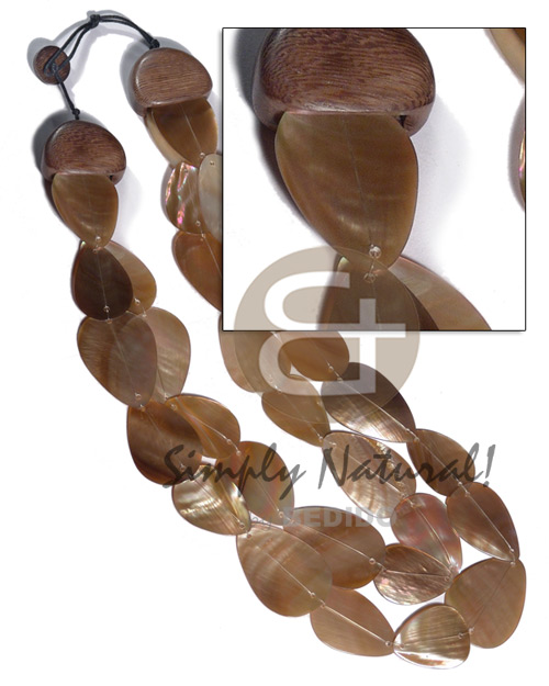 2 graduated layers of 30 pcs. overlapping brownlip teardrop in 3 sizes- 38mmx28mm / 34mmx23mm/30mmx22mm    customize robles wood  tips / 23 in. - Shell Necklace