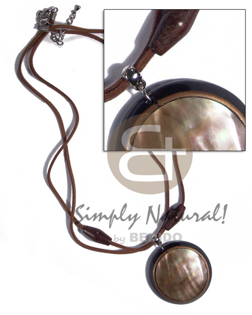 2 layers leather thong  wood beads accent and round 45mm laminated brownlip  brasswire pendant - Shell Necklace