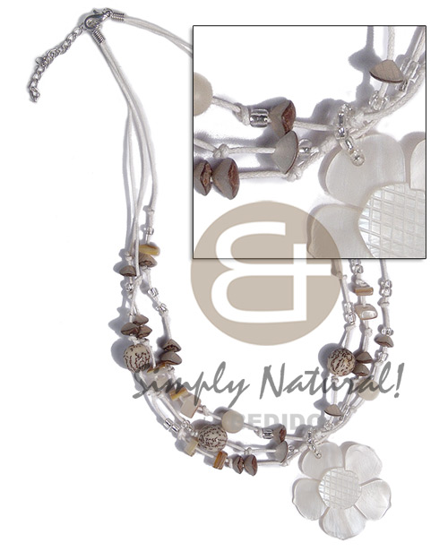 3 rows white knotted wax cord  buri seeds combination and 45mm nat. white hammershell flower  groove - Shell Necklace