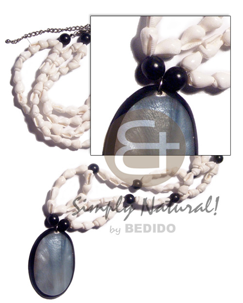 50mmx37mm oval kabibe shell in black resin backing on 34in. double row white nassa shell neckline  black wood beads accent /  ext. chain - Shell Necklace