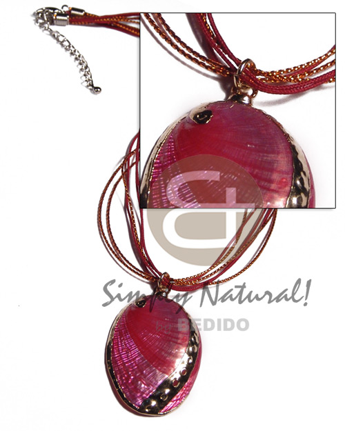 6 layers orange metallic trimming / maroon cell cord combination  glistening fuschia abalone pendant   (approx.  45mm - varying natural sizes ) molten gold metal series /  attached jump rings / electroplated / a-6 / 16in - Shell Necklace