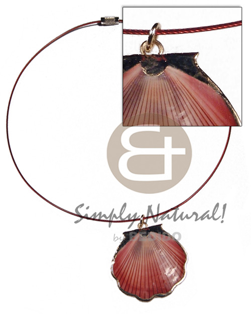 coated red cable wire amosiom shell pendant (approx.  35mm - varying natural sizes ) molten gold metal series /  attached jump rings / electroplated / st-3 / 18in - Shell Necklace