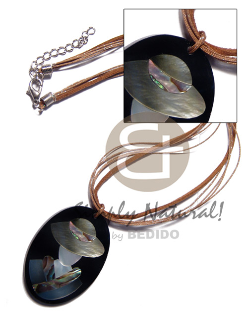 tan leather thong  4 rows glitter cord combination and 50mmx38mm oval pendant /elegant hat lady delicately etched in shells - brownlip, blacklip and paua combination in jet black laminated resin / 5mm thickness / 18in - Shell Necklace