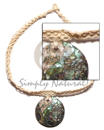 macrame choker  round 40mm abalone paua cracking pendant  backing - Shell Necklace